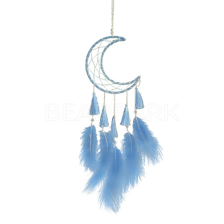 Moon Woven Net/Web with Feather Pendant Decoration HJEW-PW0001-030-1