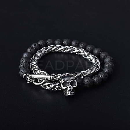 Natural Lava Rock & Stainless Steel Skull Beaded Bracelet with Wheat Chains PW-WG61835-01-1