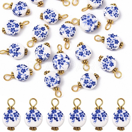 20Pcs Blue & White Floral Printed Porcelain Pendants PALLOY-YW00112-04-1
