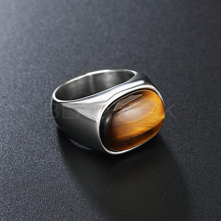 304 Stainless Steel with Natural Tiger Eye Finger Rings for Men FS-WG155DB-04-1