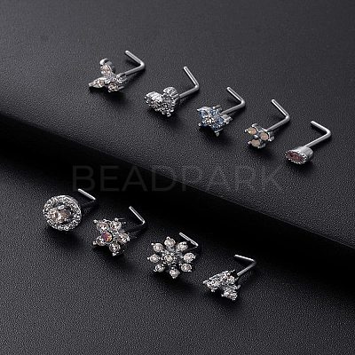 316L Surgical Stainless Steel Clear Cubic Zirconia L-Shaped Nose Rings WG135CD-10-1