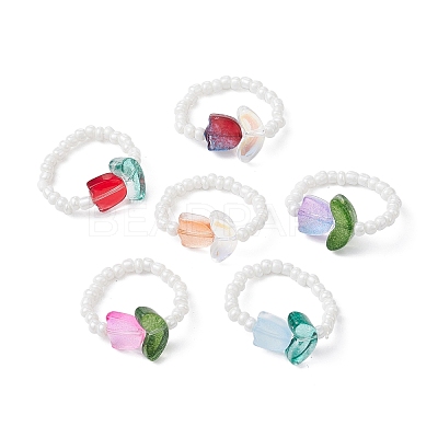 Tulip Flower Glass Seed Beaded Stretch Rings for Women RJEW-JR00596-1