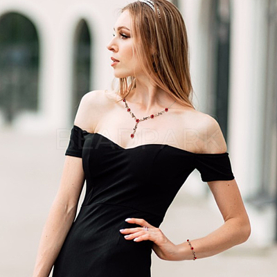 Siam Rhinestone Rose Flower Dangle Stud Earrings & Link Chain Bracelet & Lariat Necklace SJEW-AN0001-13-1