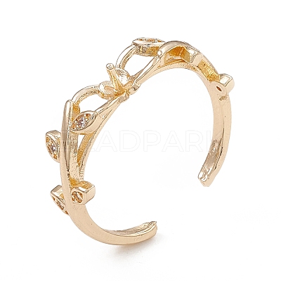 Branch Leaf Rack Plating Brass with Clear Cubic Zirconia Open Cuff Ring Settings KK-G455-12G-1