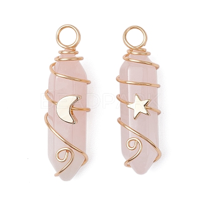 2Pcs 2 Styles Natural Rose Quartz Double Terminated Pointed Pendants PALLOY-JF03122-03-1