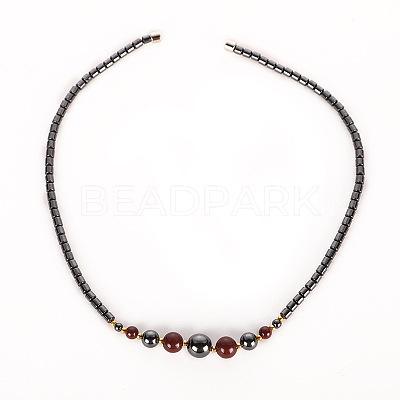 Round Synthetic Non-magnetic Hematite & Red Stone Graduated Beaded Necklaces with Magnetic Clasps FS-WG3B67F-01-1