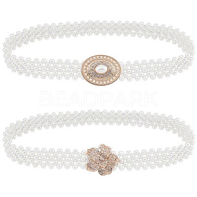 2Pcs 2 Style ABS Plastic Pearl Braided Stretch Chain Belts with Alloy Oval Clasp AJEW-CP0001-65-1