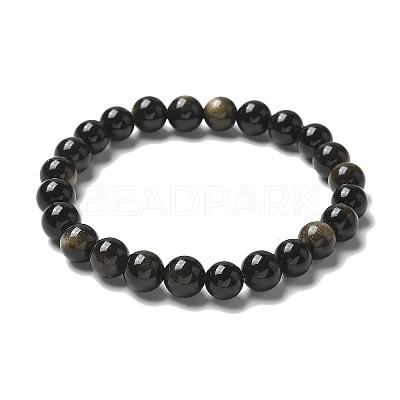 Natural Golden Sheen Obsidian Bead Stretch Bracelets X-BJEW-K212-B-020-1