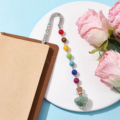 7 Chakra Gemstone Bead & Natural Green Aventurine Glass Heart Wishing Bottle Pendant Bookmarks AJEW-JK00313-06-1