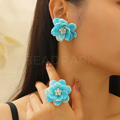 Flower Plastic & Plastic Pearl & Brass Stud Earrings & Rings Sets FS-WG6C53A-11-1