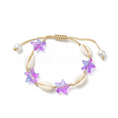 Natural Cowrie Shell & Glass Starfish Braided Bead Bracelet for Women X-BJEW-JB09943-1