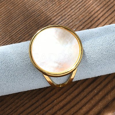 Flat Round 304 Stainless Steel White Shell Cuff Rings for Women RJEW-G346-02G-02-1