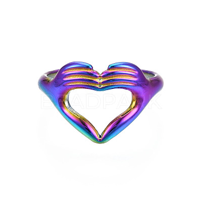Ion Plating(IP) Rainbow Color 304 Stainless Steel Heart Gesture Open Cuff Ring for Women RJEW-S405-260M-1