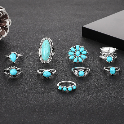 9Pcs Alloy with Synthetic Turquoise Finger Rings FS-WG21963-01-1