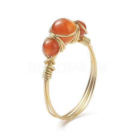 Natural Carnelian Round Braided Beaded Finger Ring RJEW-JR00550-01-1