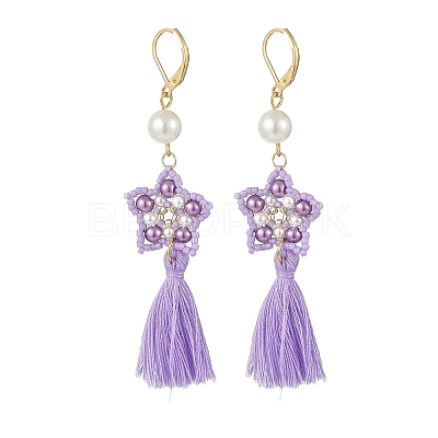 Glass Pearl Beaded Star with Tassel Dangle Leverback Earrings EJEW-MZ00054-1