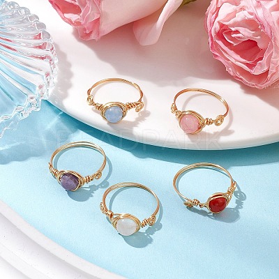 Round Natural Quartz Crystal & Rose Quartz & Quartz & Malaysia Jade & Amethyst Finger Rings RJEW-JR00766-1