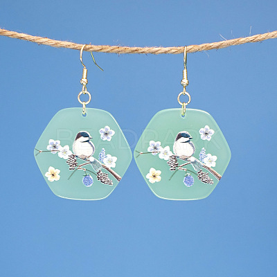 Hexagon with Bird Pattern Acrylic Dangle Earrings FS-WG54A2C-02-1