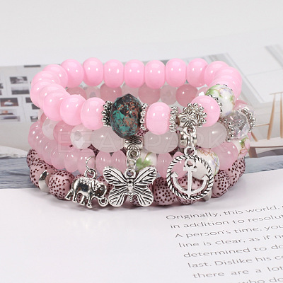 4Pcs Bohemian Style Alloy & Glass & Acrylic Charm Bracelets Set WG8E884-08-1