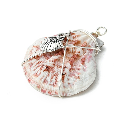 3Pcs Silver Copper Wire Wrapped Natural Scallop Shell Pendants PALLOY-TA00186-1