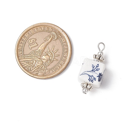 Blue and White Floral Printed Cube Porcelain Pendants PALLOY-JF03965-01-1