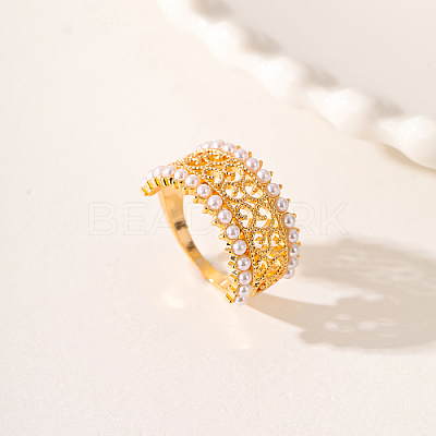 Hollow Brass with ABS Imitation Pearl Beads Wide Band Rings for Women OP9708-2-1