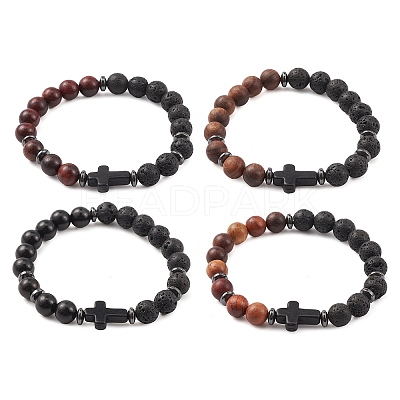 Natural & Synthetic Mixed Gemstone & Wood Cross Beaded Stretch Bracelet BJEW-JB09623-1