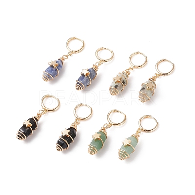 Gemstone Bullet with Star Dangle Hoop Earrings EJEW-JE05003-1