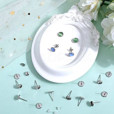 100Pcs Flat Round Stainless Steel Stud Earring Settings STAS-SP0001-61A-P-1