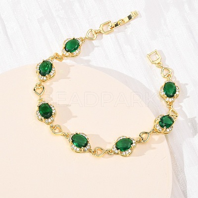 Heart & Oval Brass Micro Pave Cubic Zirconia Link Chain Bracelets for Women BJEW-A163-03G-04-1