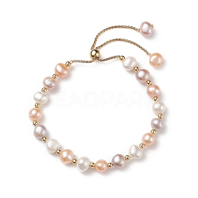 Dyed Natural Pearl & Brass Round Beaded Slider Bracelet BJEW-JB09008-02-1