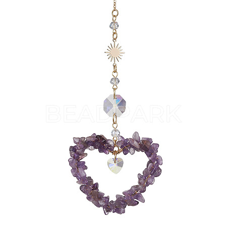 Heart Natural Amethyst Chip Pendant Drcorations HJEW-JM01651-01-1