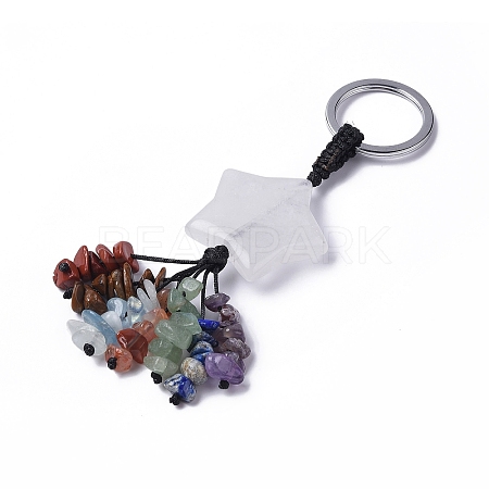Natural Quartz Crystal Star with Mixed Gemstone Chips Beaded Tassel Keychains KEYC-P012-01P-09-1