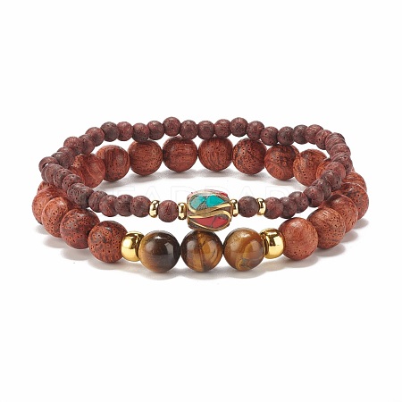 2Pcs 2 Style Natural Dracaena Draco(Dragon Tree) Wood & Mixed Gemstone Stretch Bracelets Set for Women BJEW-JB07939-1