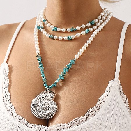 Boho Dyed Synthetic Turquoise Chip & Plastic Pearl Multi Layered Necklaces NJEW-U006-04A-P-1