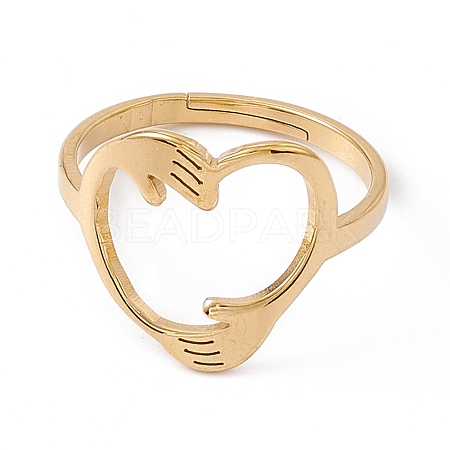 Ion Plating(IP) 201 Stainless Steel Hand Hug Heart Adjustable Ring for Women RJEW-K238-05G-1