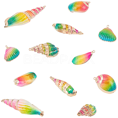 12Pcs 6 Styles Electroplated Natural Mixed Shell Big Pendants SSHEL-GA0001-06-1