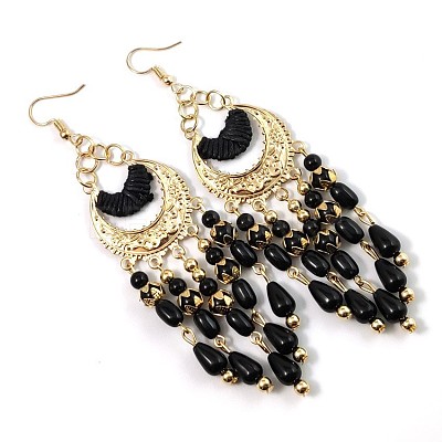 Bohemian Style Alloy Resin Moon with Teardrop Tassel Dangle Earrings FS-WG624F3-04-1