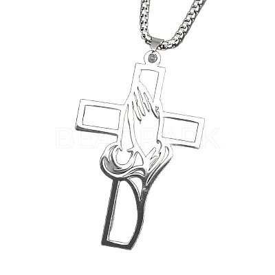 Hollow Cut Cross with Praying Hand 201 Stainless Steel Pendant Necklaces for Men FS-WG70CE0-01-1