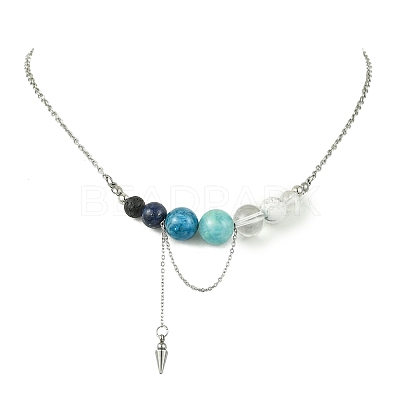 Natural Apatite & Lapis Lazuli & Lava Rock & Quartz Crystal Round Graduated Beaded Pendant 304 Stainless Steel Cable Chain Necklaces for Women NJEW-TA00242-02-1