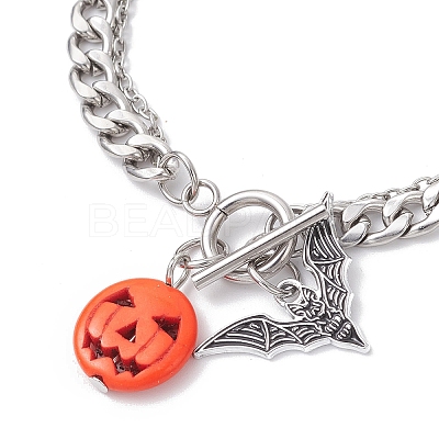 Halloween Alloy Enamel Bat and Dyed Synthetic Turquoise Pumpkin Charm 304 Stainless Steel Bracelet Sets BJEW-JB12446-01-1