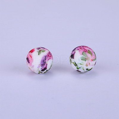 Printed Round with Flower Pattern Silicone Focal Beads SI-JX0056A-157-1