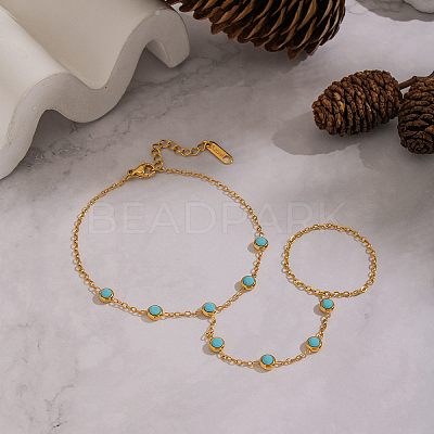 304 Stainless Steel Pave Synthetic Turquoise Link Ring Bracelets VX6527-1