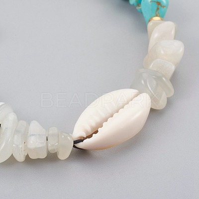 Synthetic Turquoise(Dyed) & Natural White Moonstone Chip Braided Bead Bracelets BJEW-JB04080-03-1