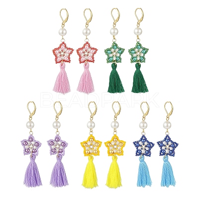 Glass Pearl Beaded Star with Tassel Dangle Leverback Earrings EJEW-MZ00054-1