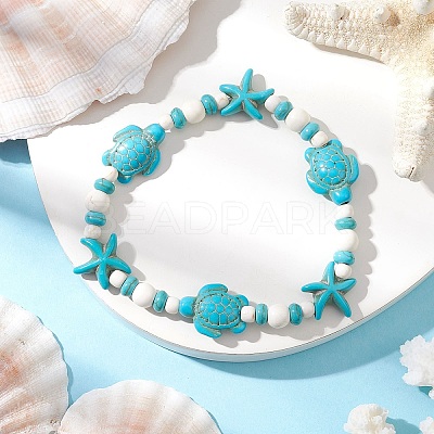 Starfish & Turtle Synthetic Turquoise Beads Stretch Bracelets for Women BJEW-JB11921-01-1