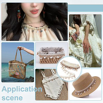 Polyester with Resin Shell Shape & Starfish Charm Lace Ribbon OCOR-WH0078-398-1-1