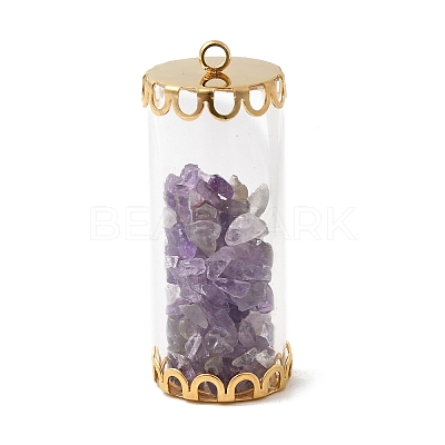 Glass Tube with Natural Amethyst Chip Beads Inside Pendants FIND-B054-01G-02-1