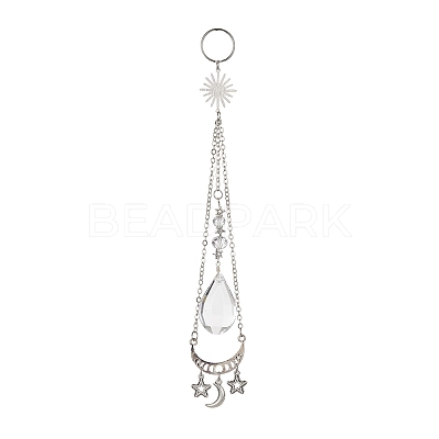 Moon & Sun & Star Alloy & Brass with Glass Teardrop Hanging Pendant Decorations HJEW-JM01302-1