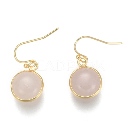 Flat Round Golden Tone Brass Natural Rose Quartz Dangle Earrings EJEW-M059-07-1